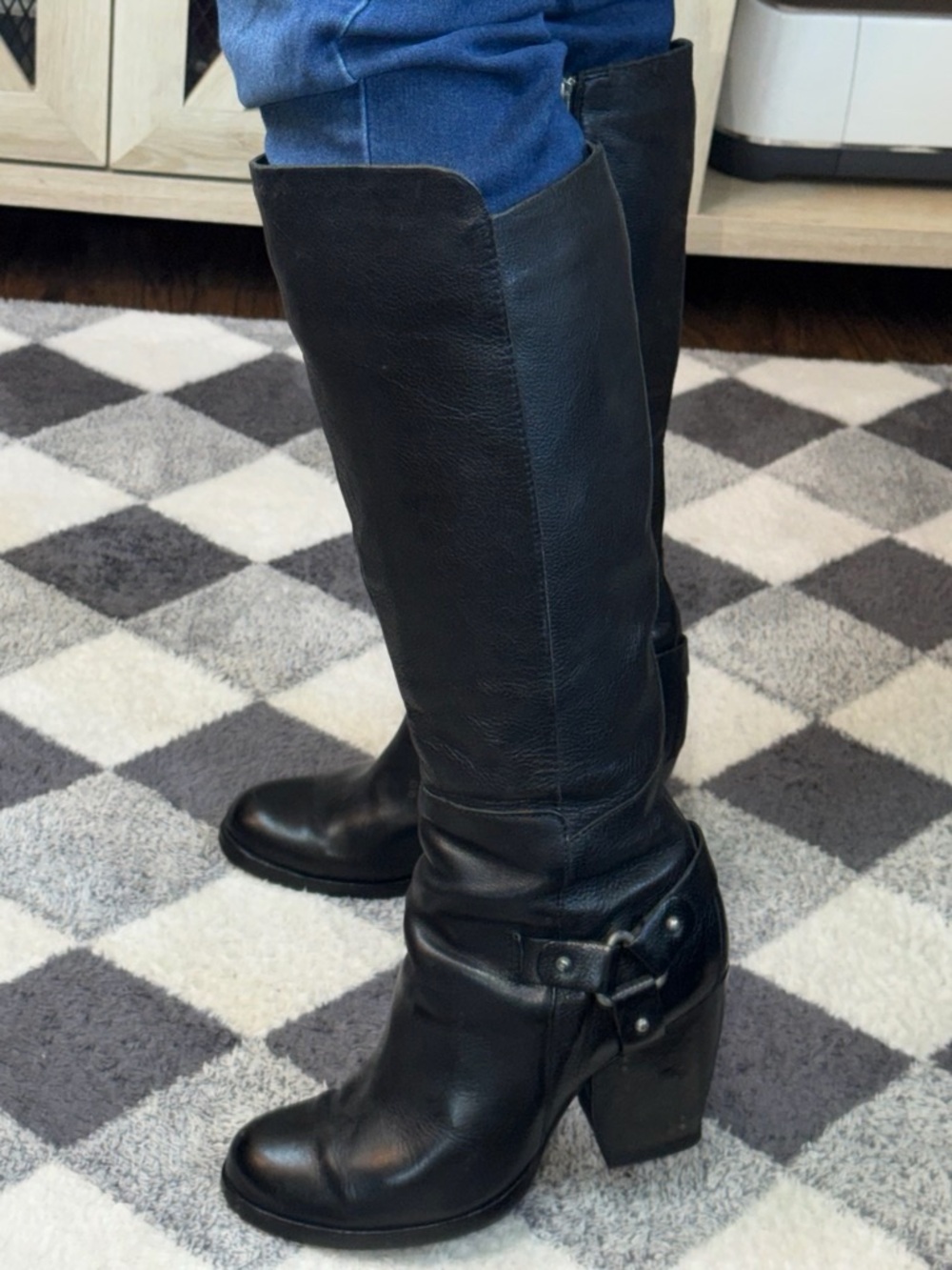 Kork-ease Women's Black Leather Knee-High Heeled Boots with Buckle Accent - Picture 8 of 9